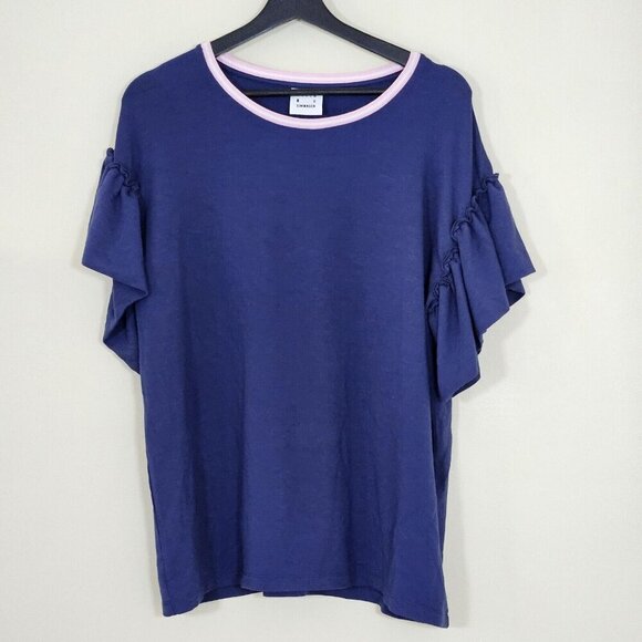 Karen By Simonsen Top Womens L Navy Pink Trim SS Ruffle Round Neck Boho Cottage - Picture 1 of 13